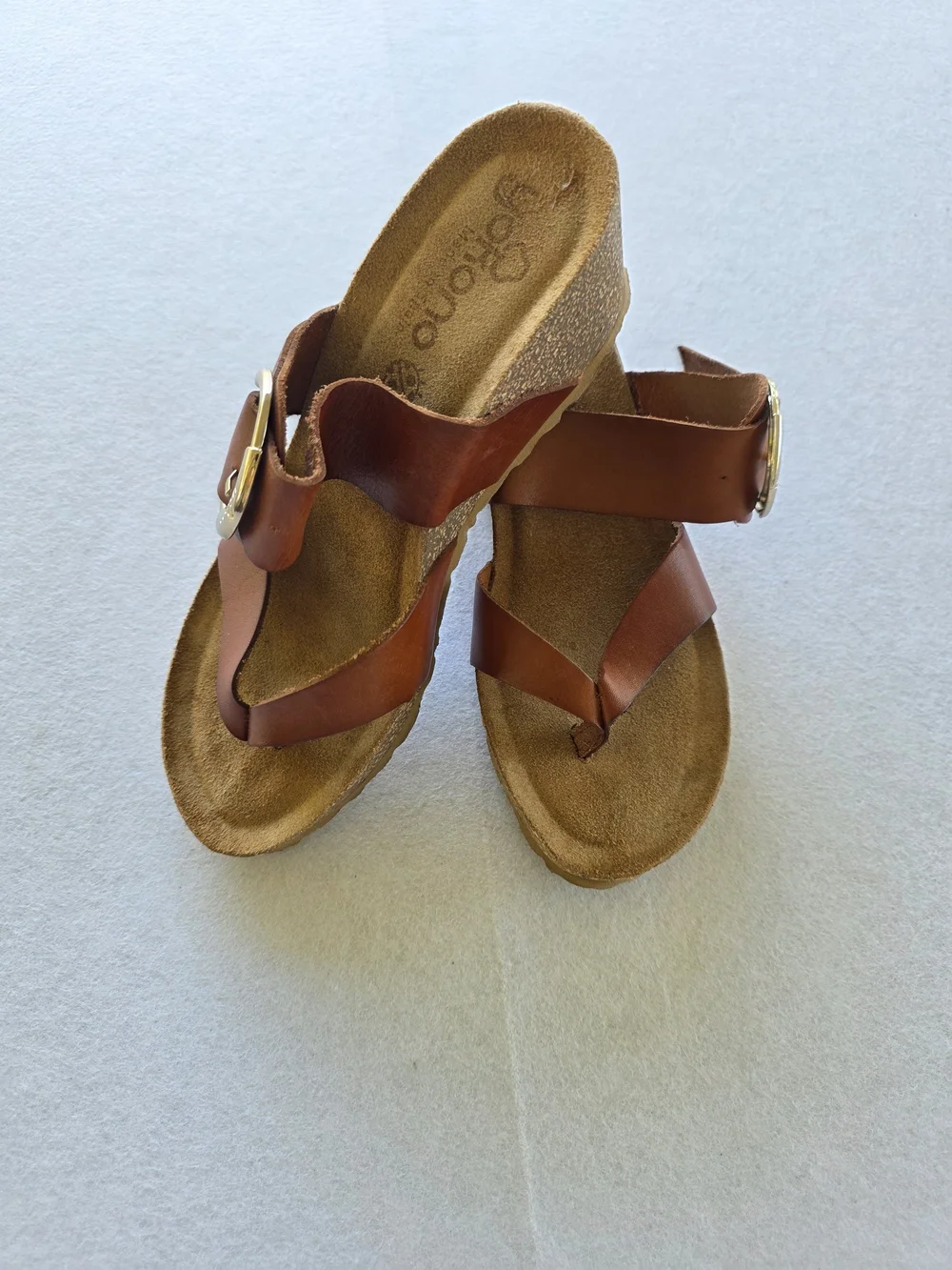 Yokono Cottagecore Brown Leather Buckle Wedge Sandals